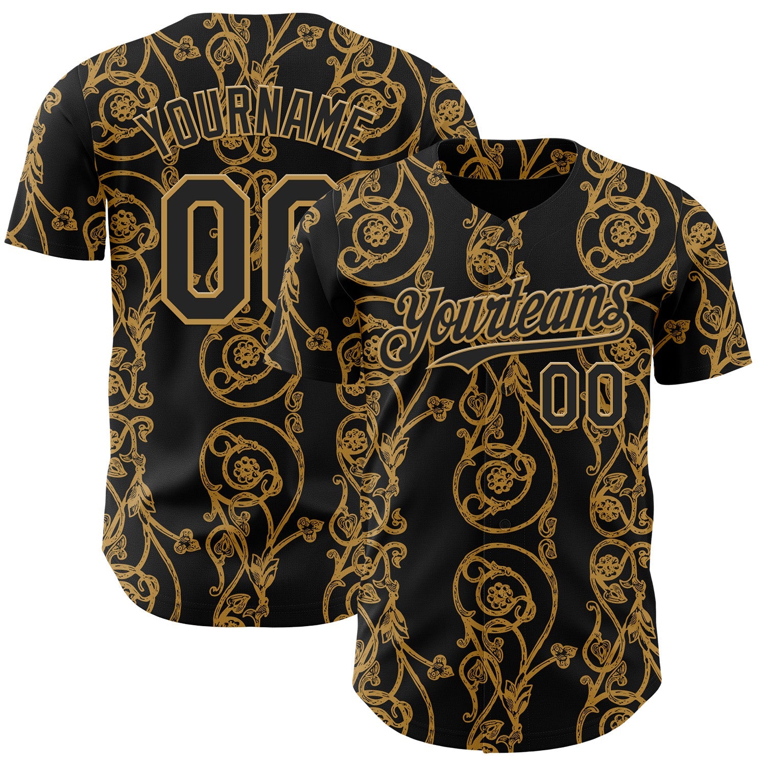 Custom Black-Old Gold Baroque Floral Scroll Authentic Baseball Jersey - Main View