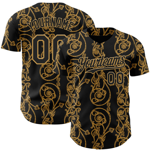 Custom Black-Old Gold Baroque Floral Scroll Authentic Baseball Jersey - Main View