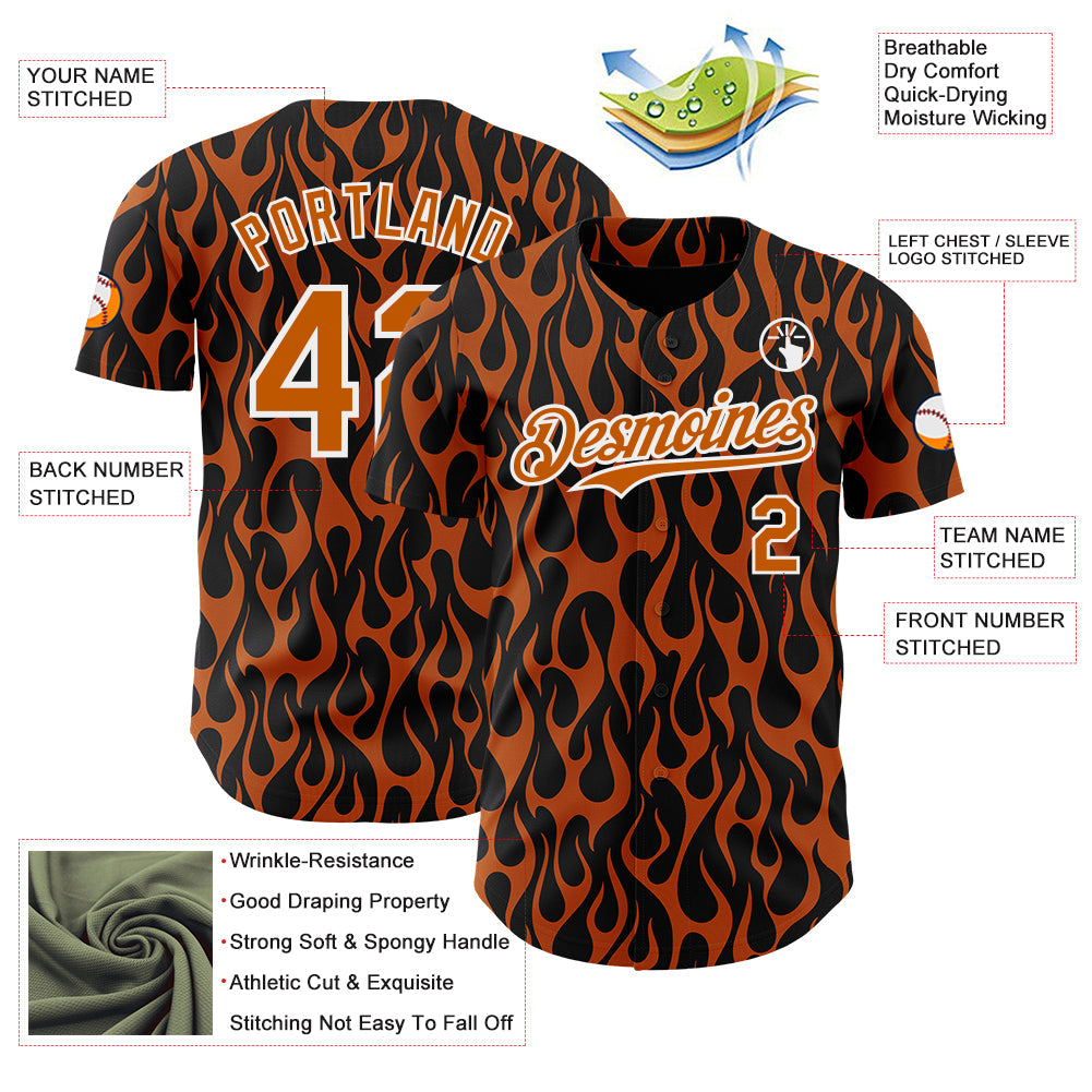 Custom Black Texas Orange-White Floral Authentic Baseball Jersey view 3
