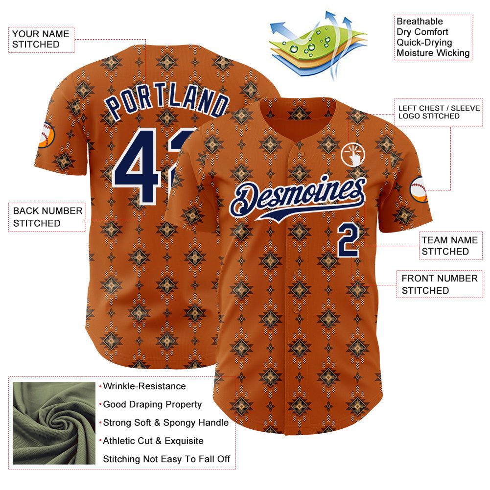 Custom Texas Orange Navy-White Tribal Ethnic Authentic Baseball Jersey view 3