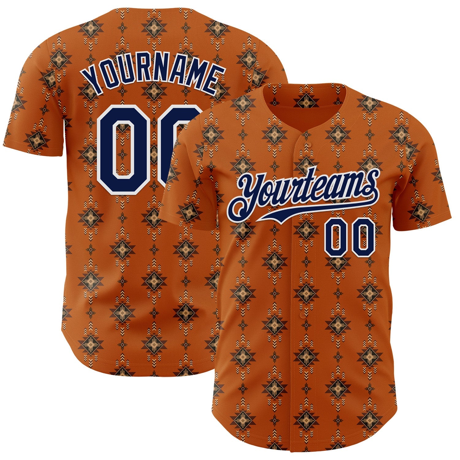 Custom Texas Orange Navy-White Tribal Ethnic Authentic Baseball Jersey - Main View