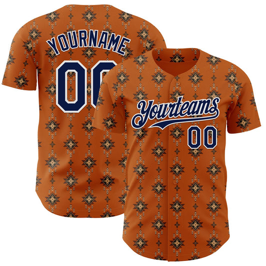 Custom Texas Orange Navy-White Tribal Ethnic Authentic Baseball Jersey - Main View