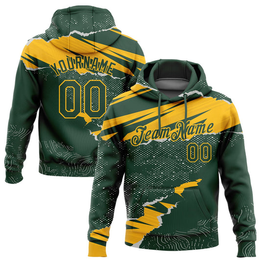 Custom Stitched Green Gold 3D Pattern Design Torn Paper Style Sports Pullover Sweatshirt Hoodie - Main View