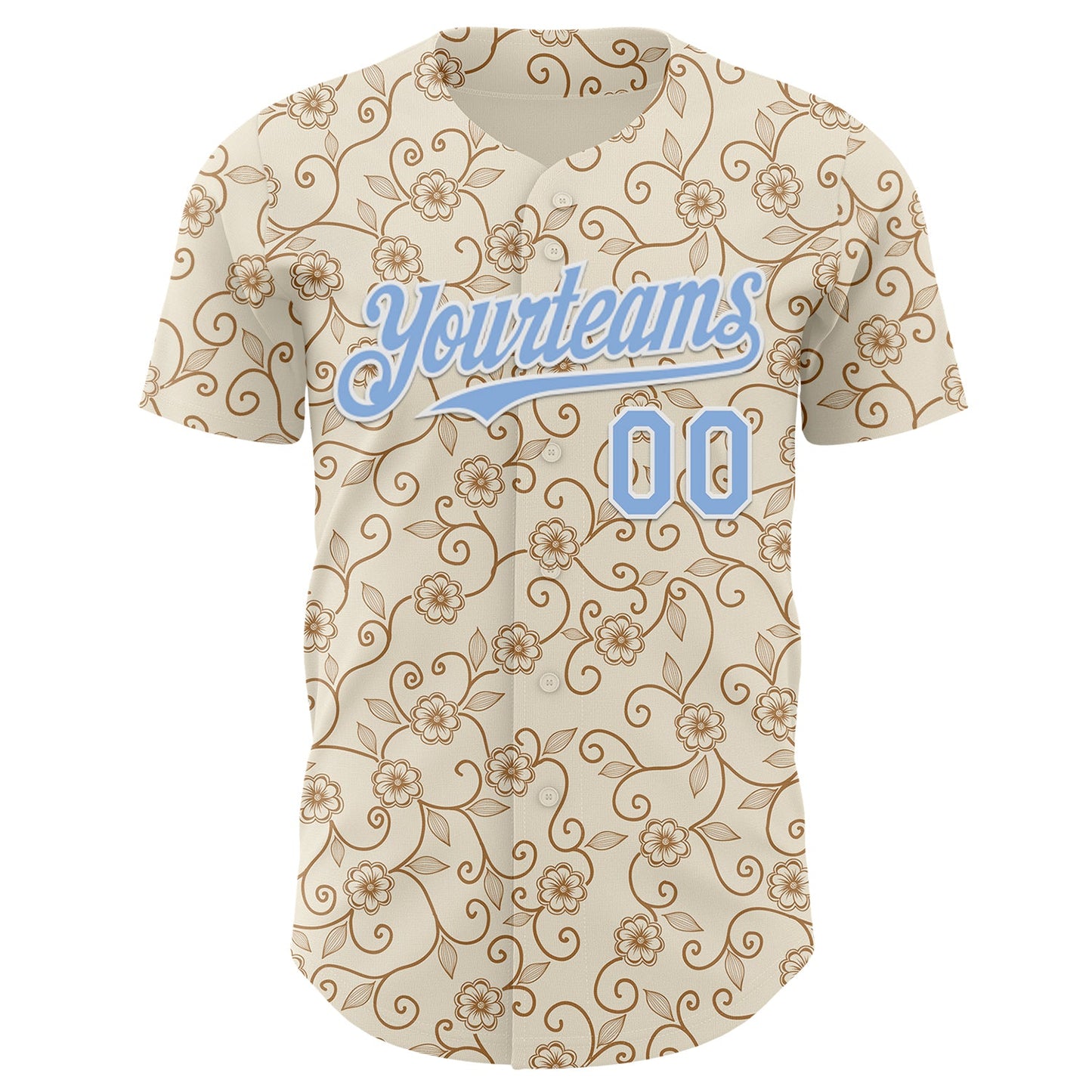 Custom Cream Light Blue-White Baroque Floral Scroll Authentic Baseball Jersey view 2
