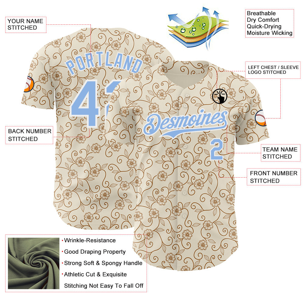 Custom Cream Light Blue-White Baroque Floral Scroll Authentic Baseball Jersey view 3