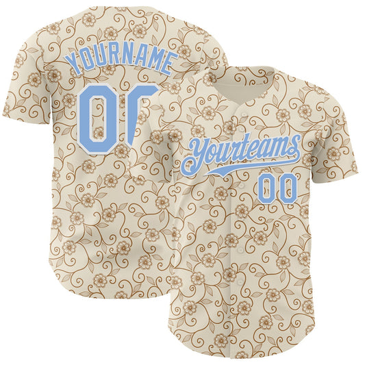 Custom Cream Light Blue-White Baroque Floral Scroll Authentic Baseball Jersey - Main View