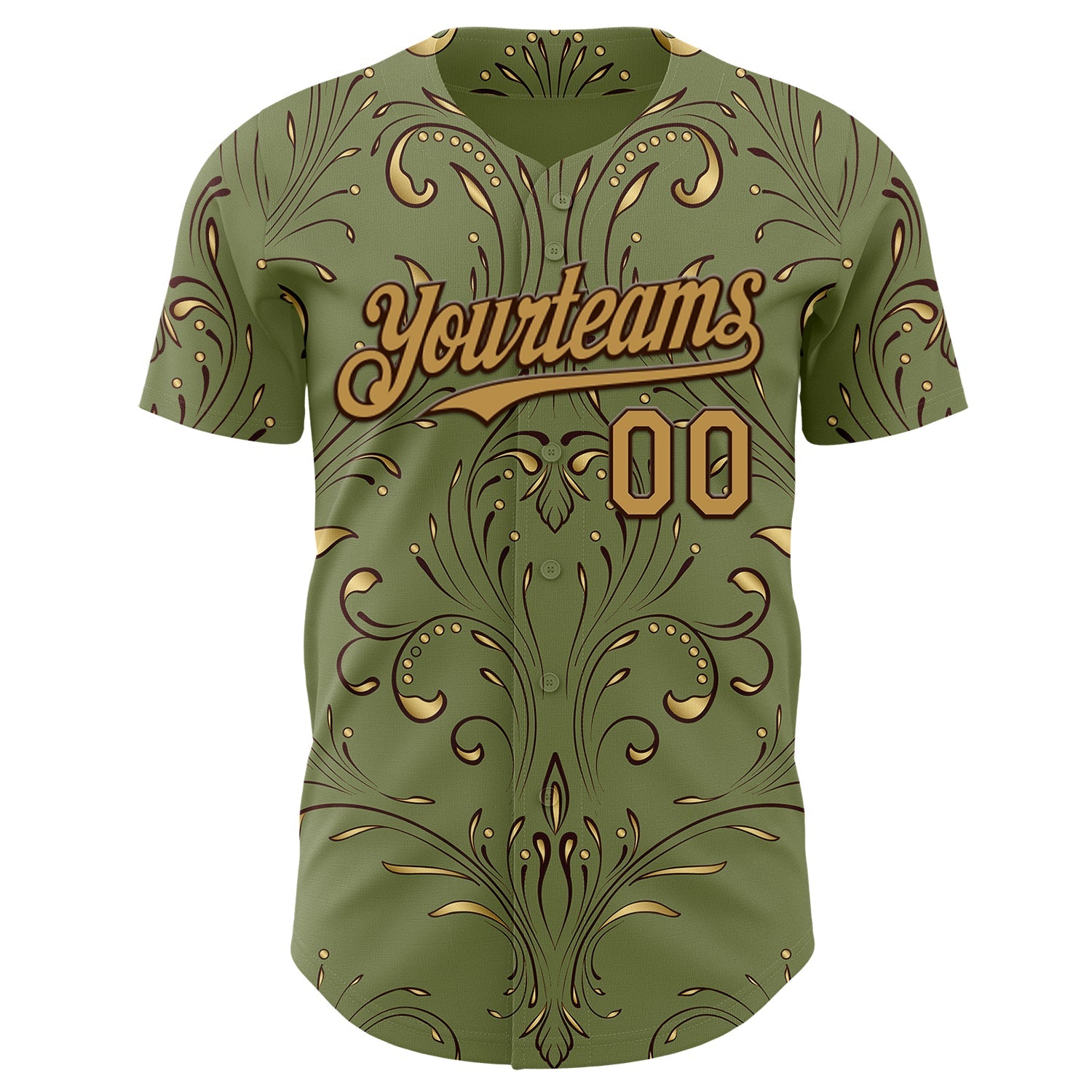 Custom Green Old Gold-Brown Baroque Floral Scroll Authentic Baseball Jersey view 2