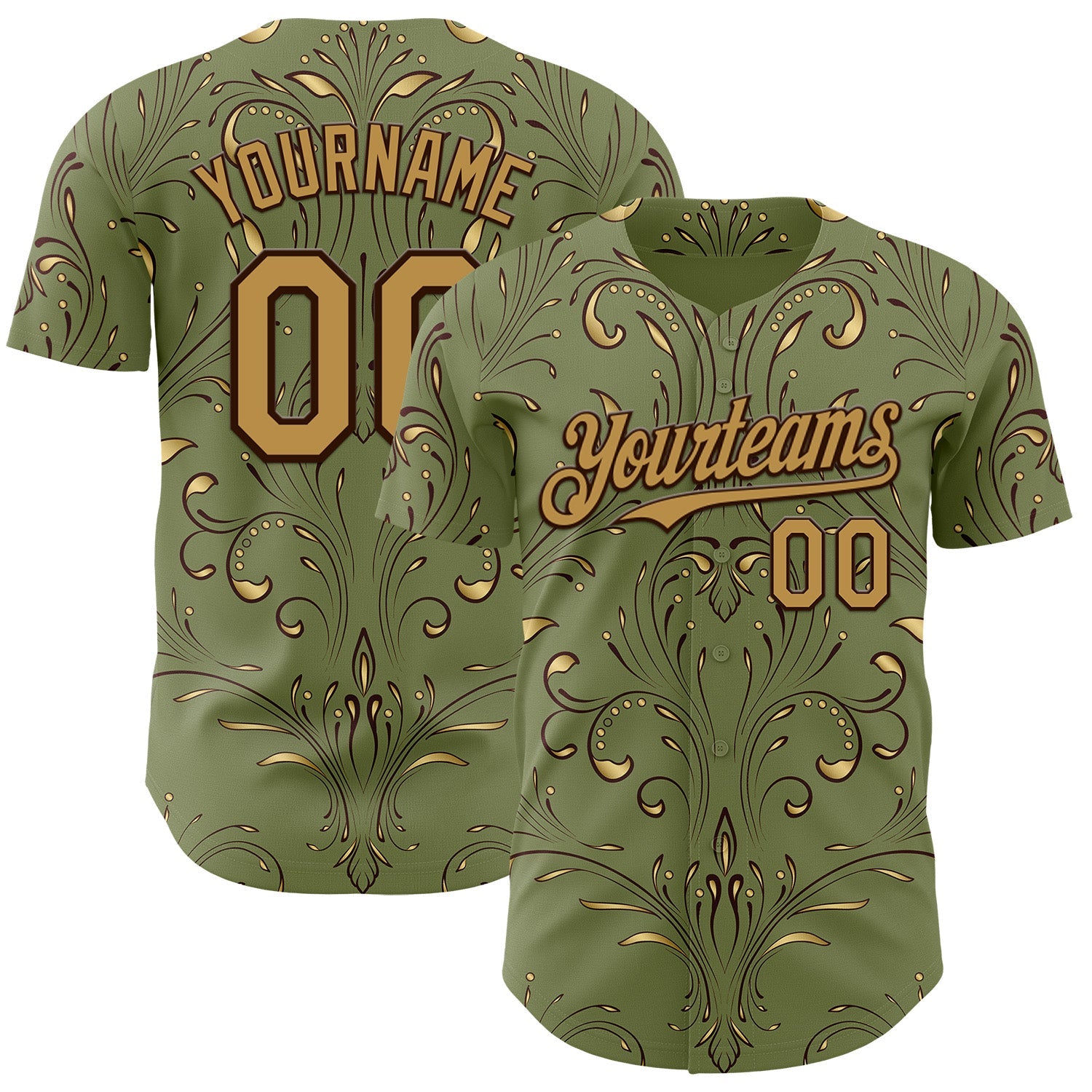 Custom Green Old Gold-Brown Baroque Floral Scroll Authentic Baseball Jersey - Main View