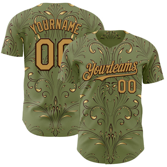 Custom Green Old Gold-Brown Baroque Floral Scroll Authentic Baseball Jersey - Main View