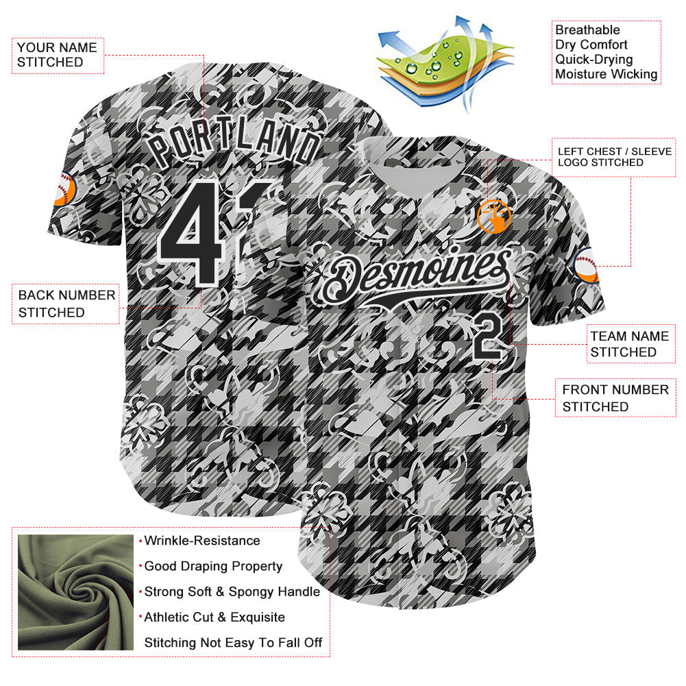 Custom White-Black Floral Authentic Baseball Jersey view 3