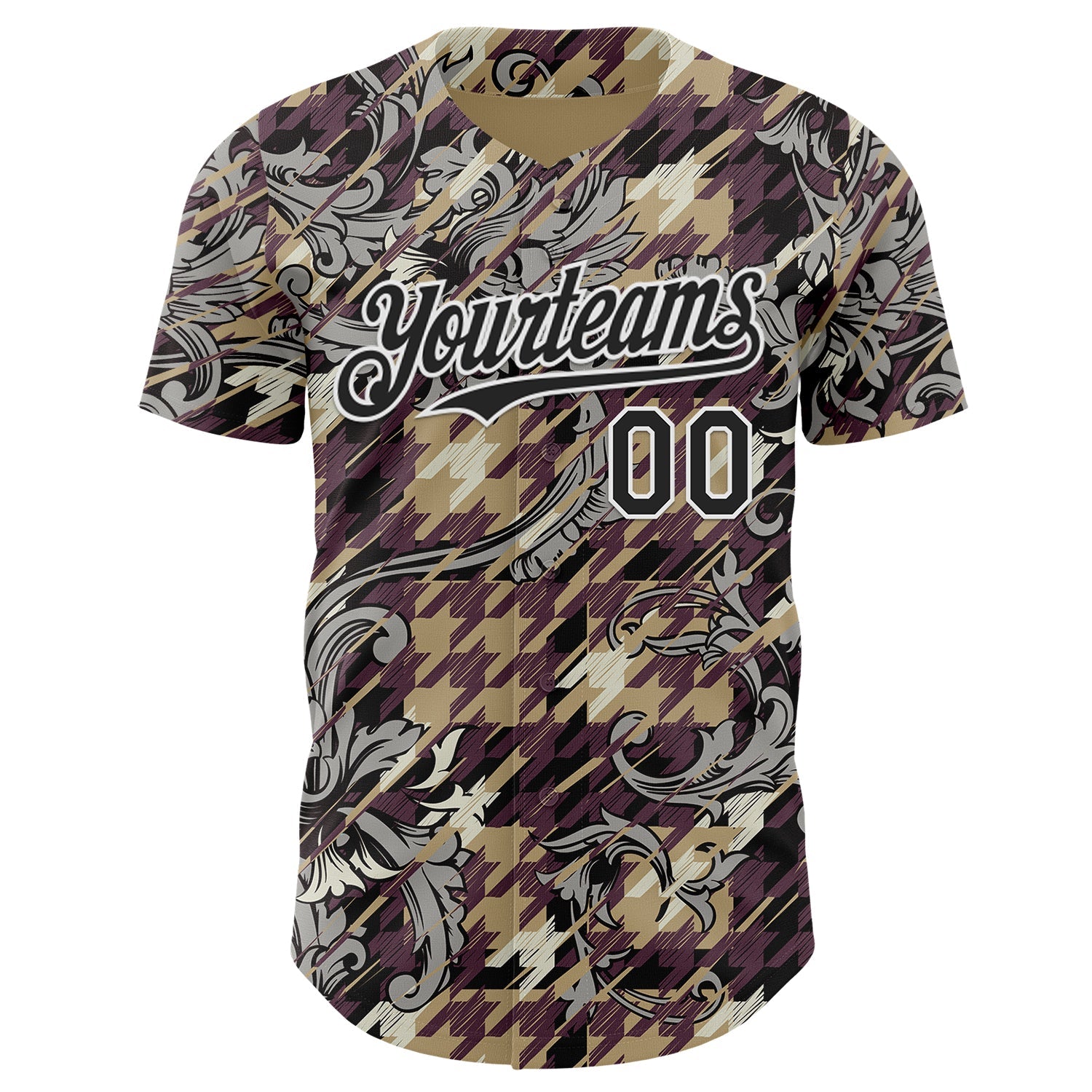 Custom Brown Black-White Baroque Floral Scroll Authentic Baseball Jersey view 2