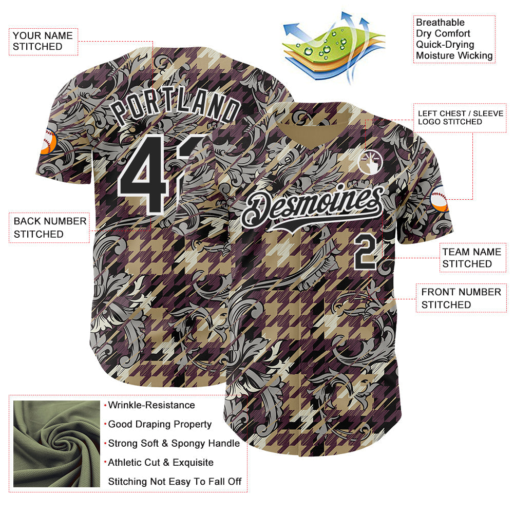 Custom Brown Black-White Baroque Floral Scroll Authentic Baseball Jersey view 3