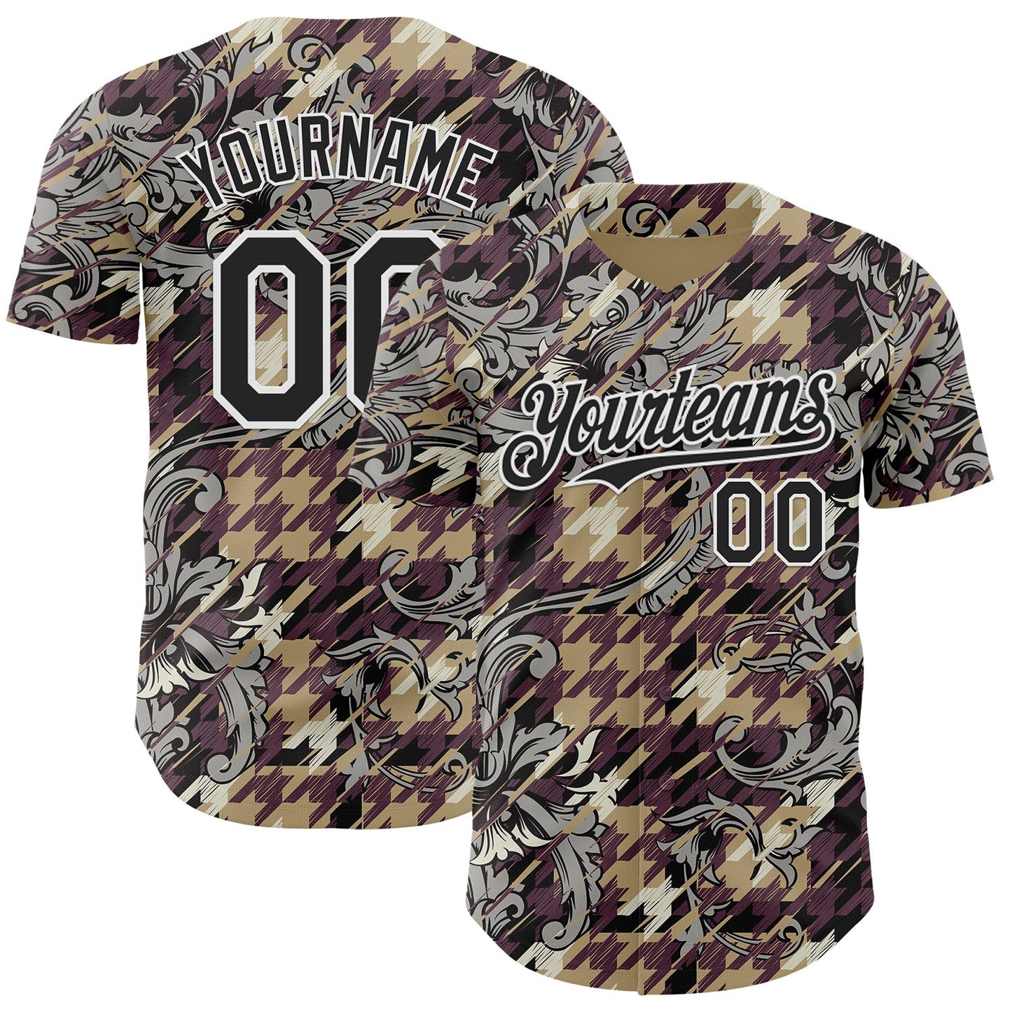 Custom Brown Black-White Baroque Floral Scroll Authentic Baseball Jersey - Main View