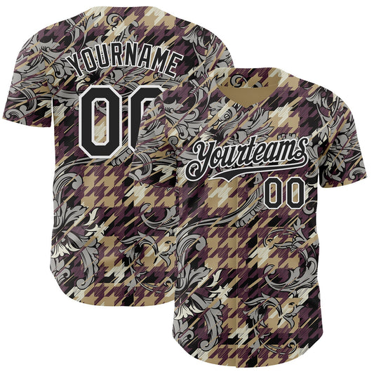 Custom Brown Black-White Baroque Floral Scroll Authentic Baseball Jersey - Main View