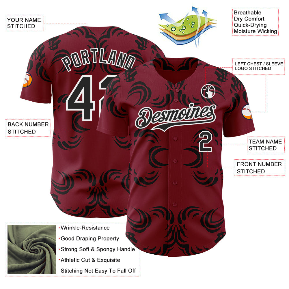 Custom Crimson Black-White Baroque Floral Scroll Authentic Baseball Jersey view 3