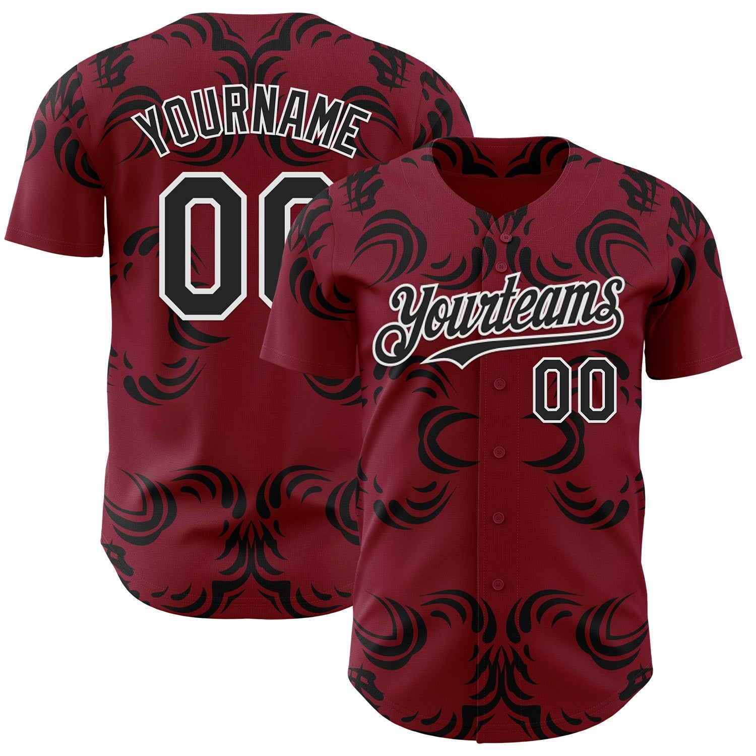 Custom Crimson Black-White Baroque Floral Scroll Authentic Baseball Jersey - Main View