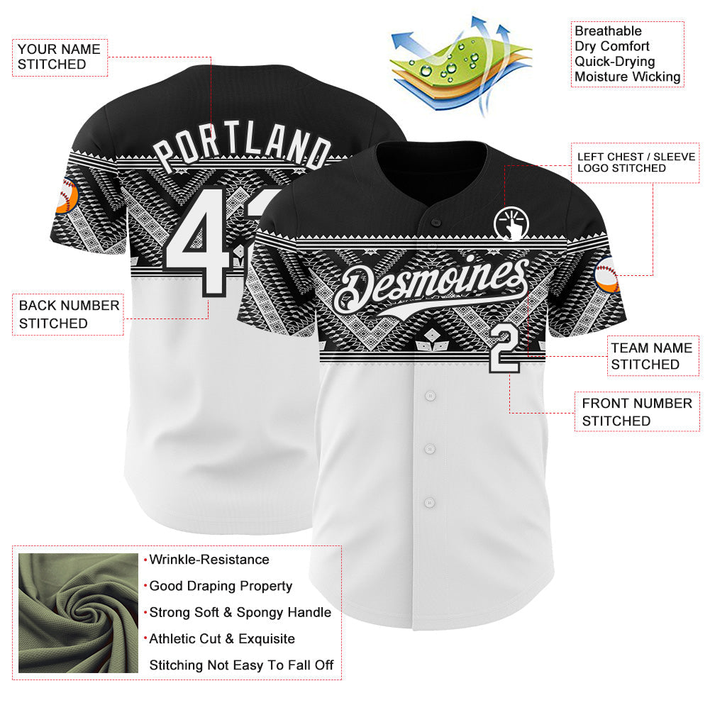 Custom White-Black Tribal Ethnic Authentic Baseball Jersey view 3