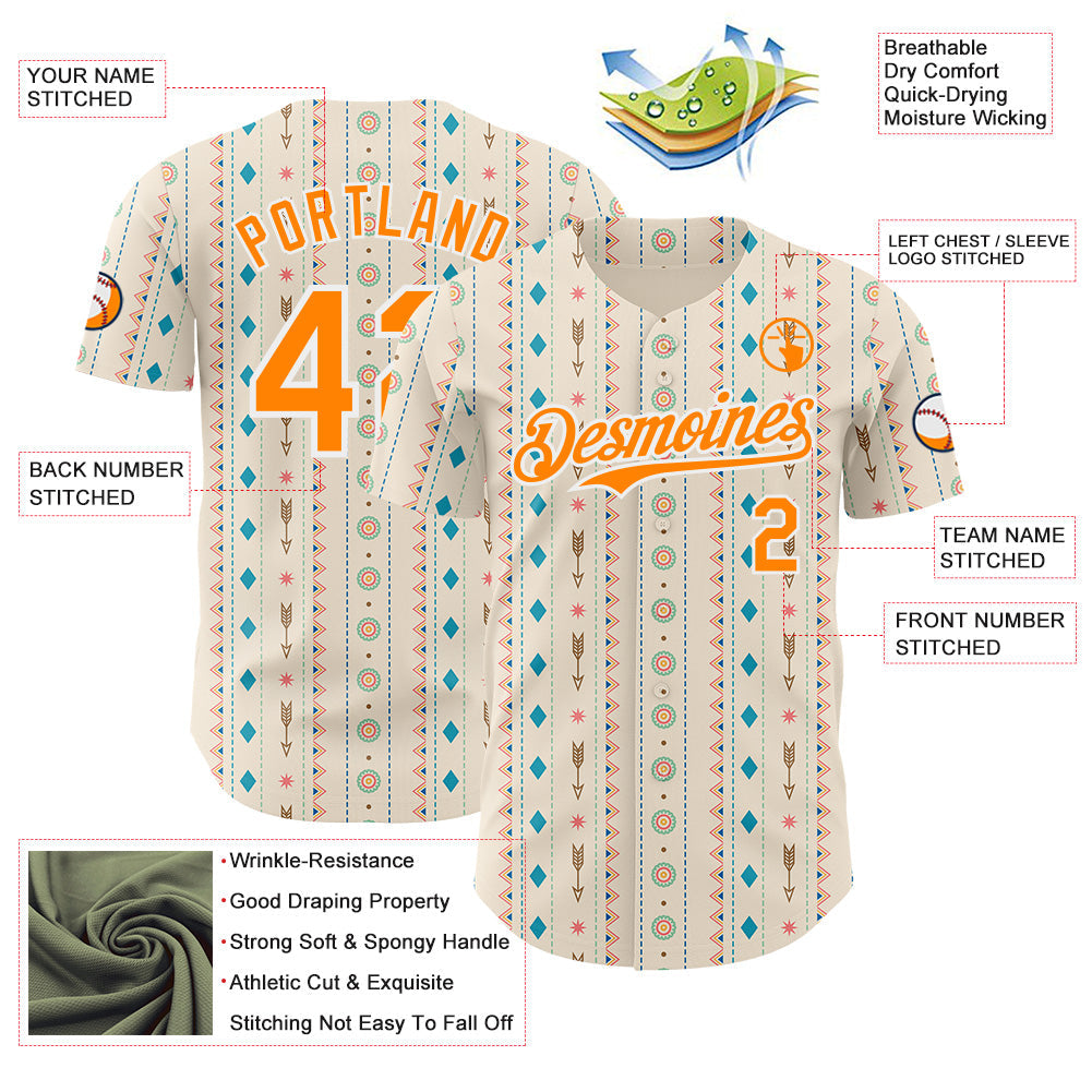 Custom Cream Bay Orange-White Geometric Ethnic Authentic Baseball Jersey view 3