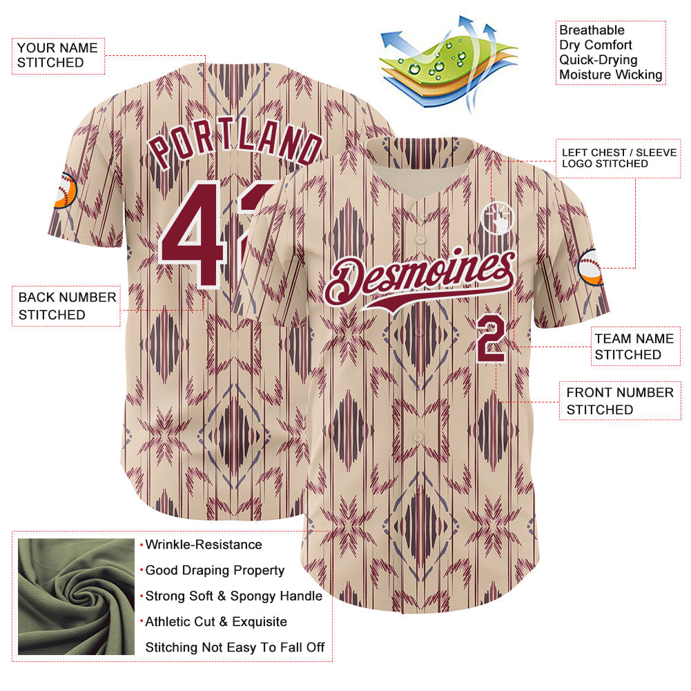 Custom City Cream Crimson-White Geometric Ethnic Authentic Baseball Jersey view 3