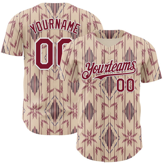 Custom City Cream Crimson-White Geometric Ethnic Authentic Baseball Jersey - Main View