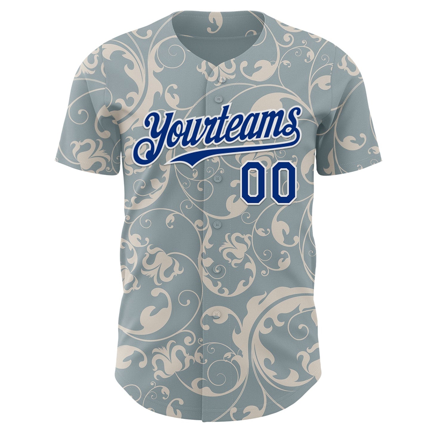 Custom Blue Royal-White Baroque Floral Scroll Authentic Baseball Jersey view 2