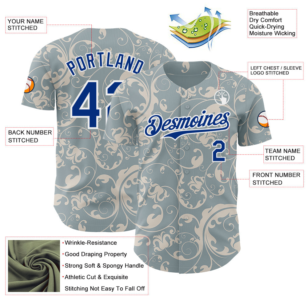 Custom Blue Royal-White Baroque Floral Scroll Authentic Baseball Jersey view 3