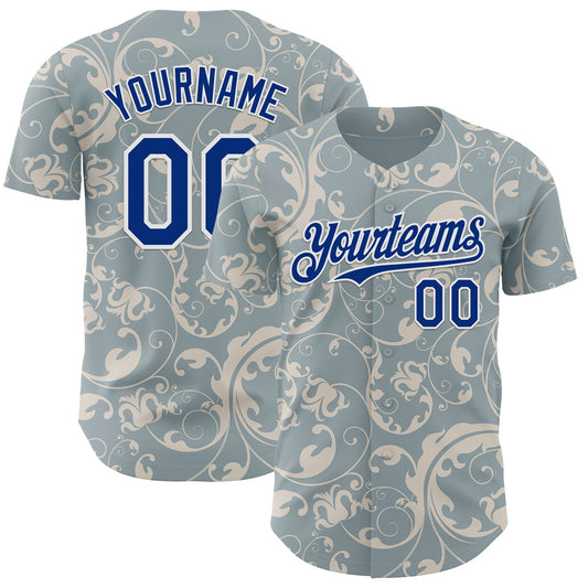 Custom Blue Royal-White Baroque Floral Scroll Authentic Baseball Jersey - Main View