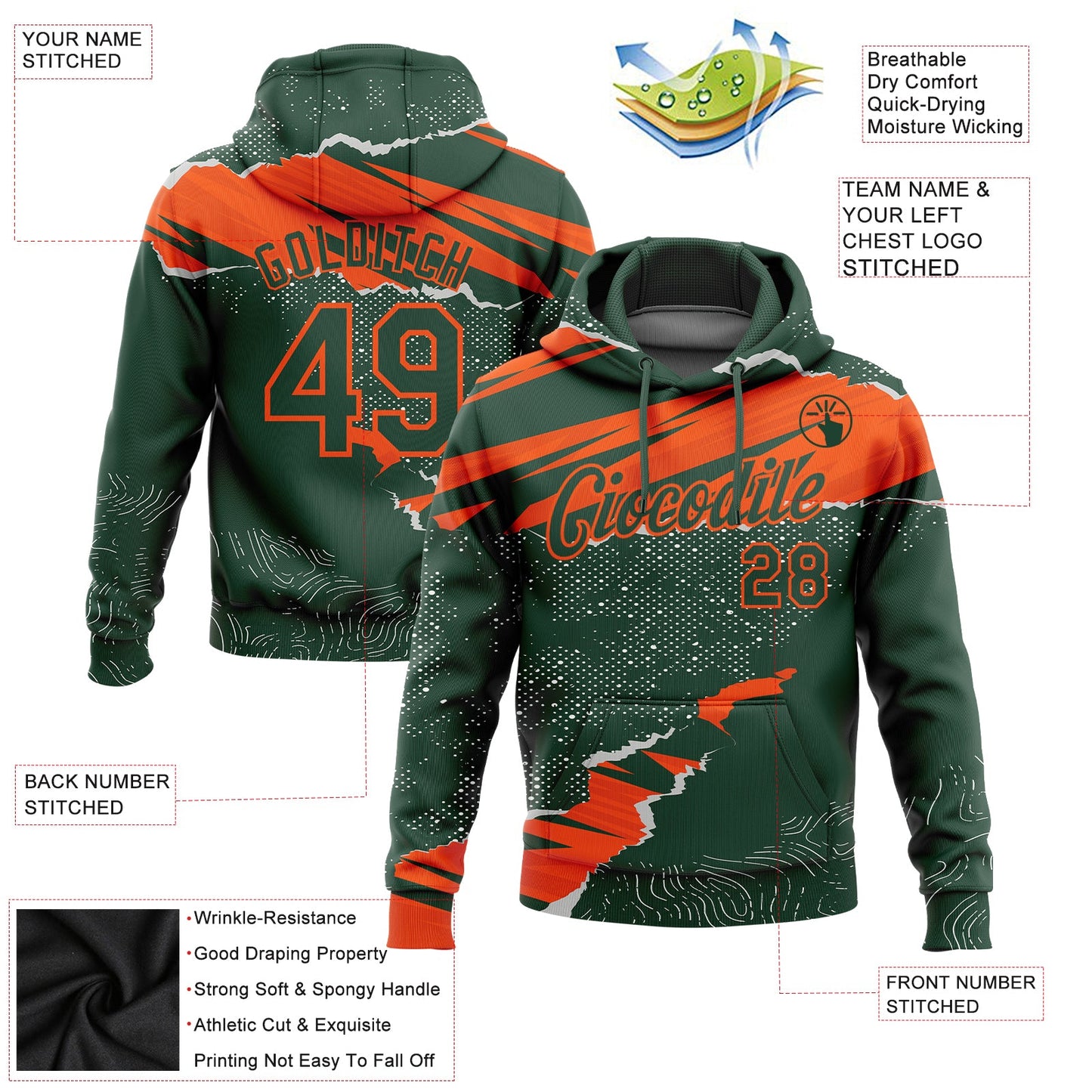 Custom Stitched Green Orange 3D Pattern Design Torn Paper Style Sports Pullover Sweatshirt Hoodie view 2