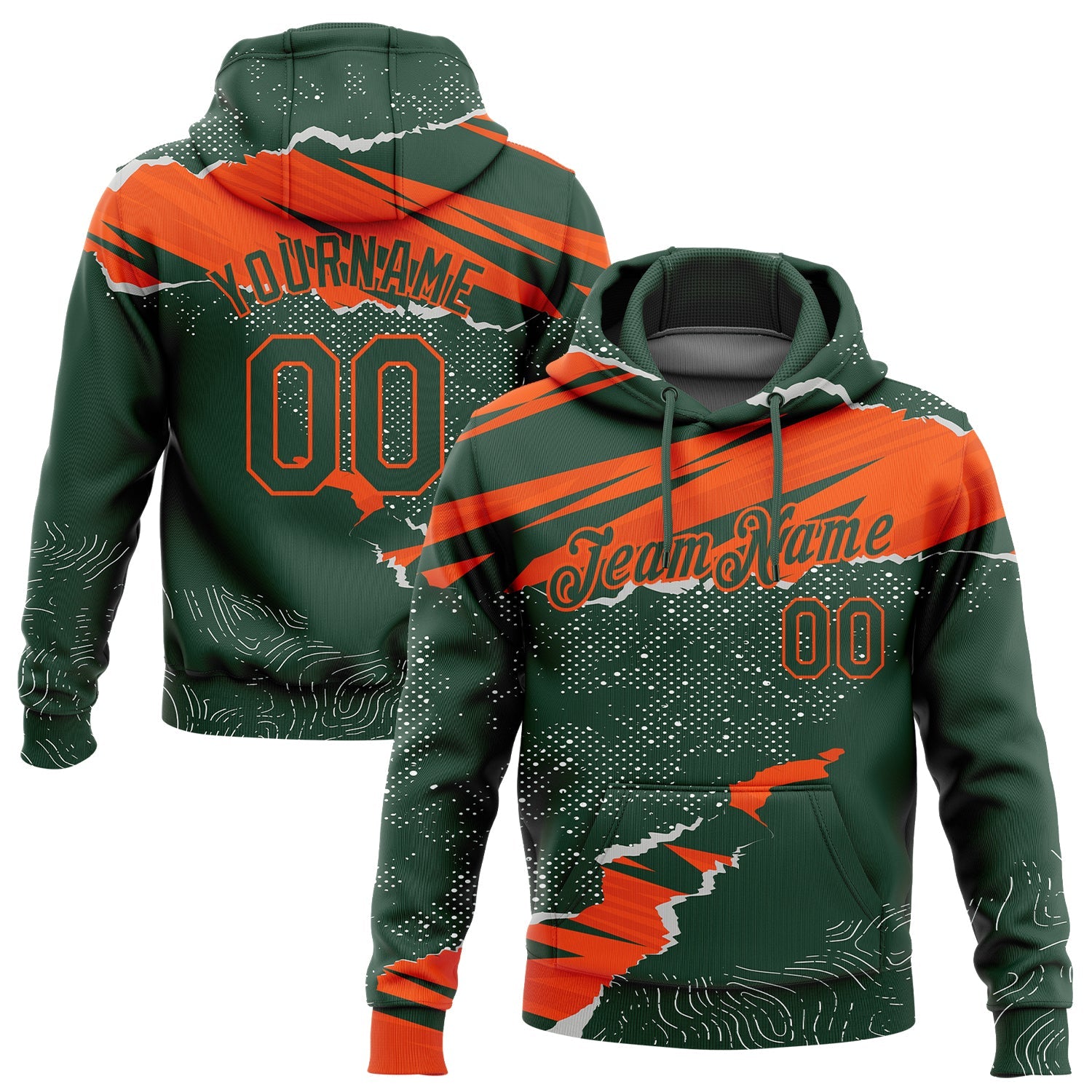 Custom Stitched Green Orange 3D Pattern Design Torn Paper Style Sports Pullover Sweatshirt Hoodie - Main View