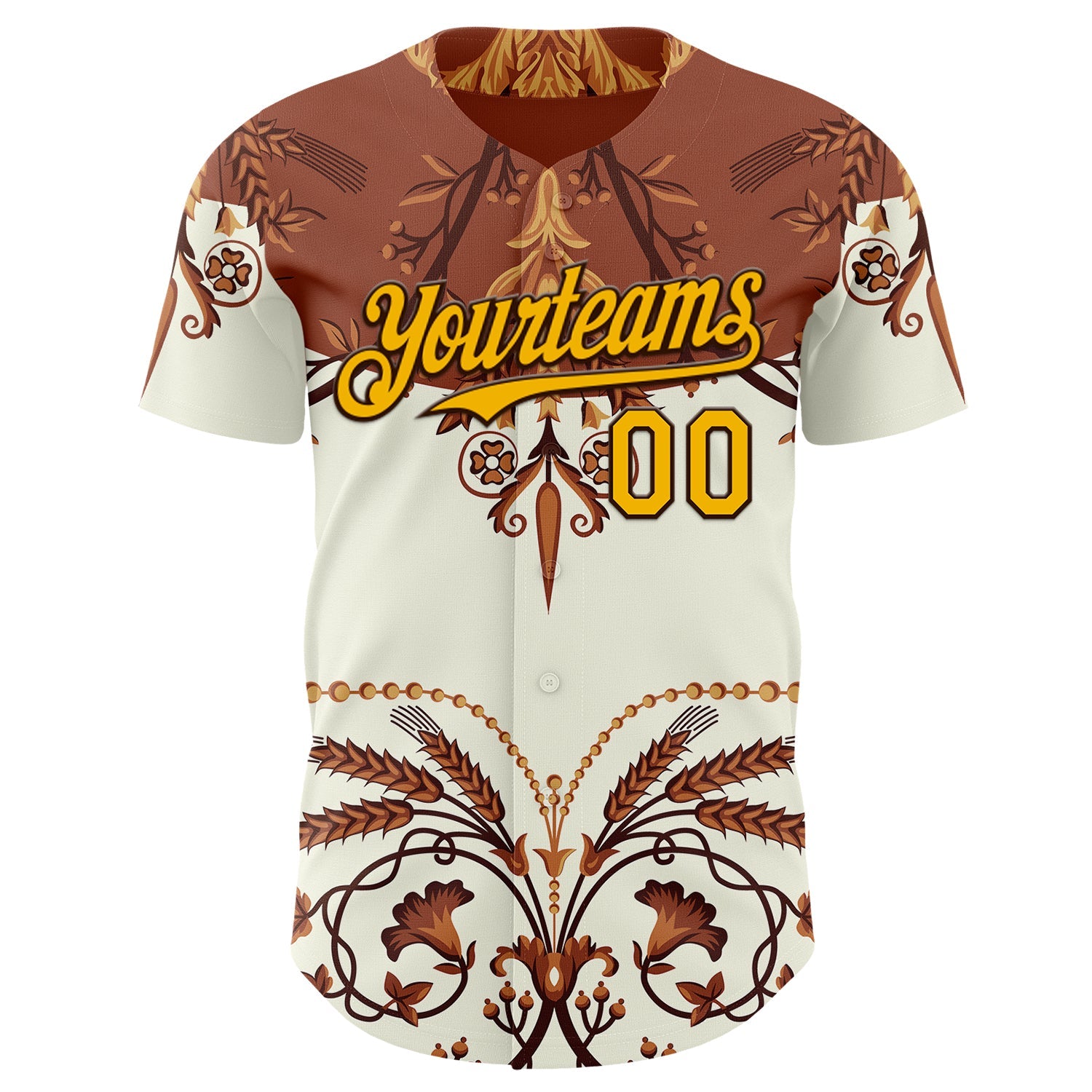 Custom Brown-Gold Baroque Floral Scroll Authentic Baseball Jersey view 2