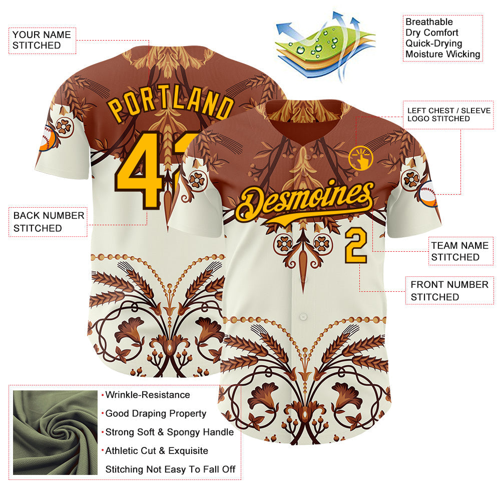 Custom Brown-Gold Baroque Floral Scroll Authentic Baseball Jersey view 3