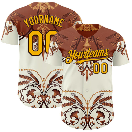 Custom Brown-Gold Baroque Floral Scroll Authentic Baseball Jersey - Main View