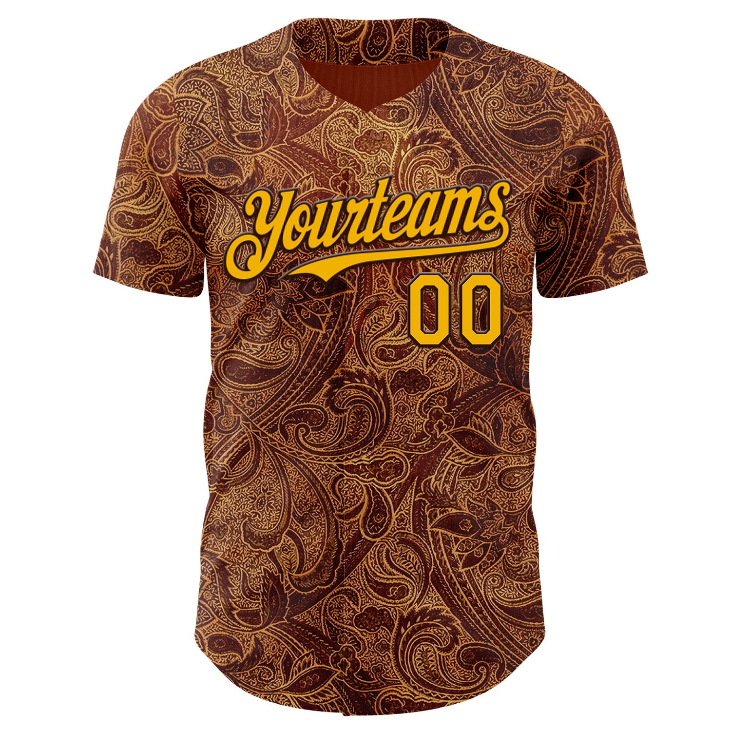 Custom Brown-Gold Baroque Floral Scroll Authentic Baseball Jersey view 2