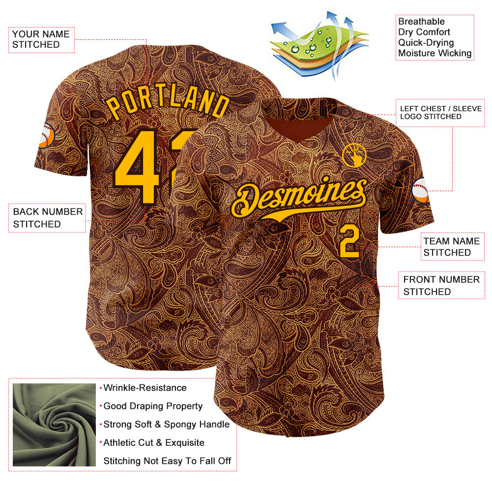Custom Brown-Gold Baroque Floral Scroll Authentic Baseball Jersey view 3