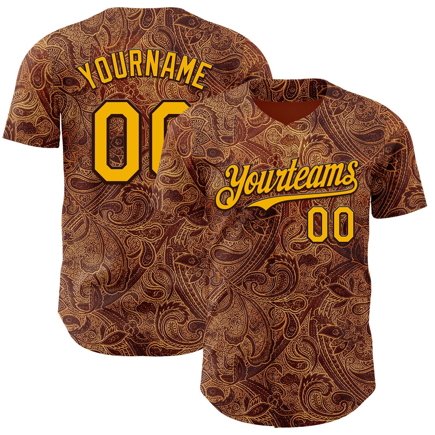 Custom Brown-Gold Baroque Floral Scroll Authentic Baseball Jersey - Main View