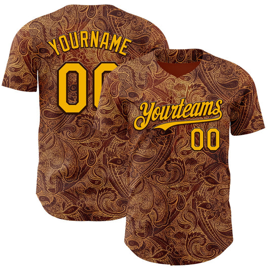 Custom Brown-Gold Baroque Floral Scroll Authentic Baseball Jersey - Main View