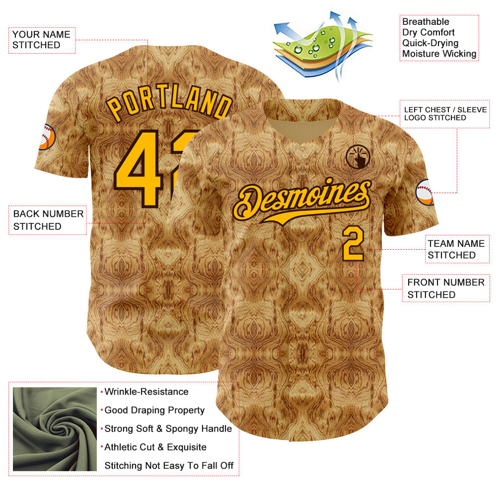 Custom Brown-Gold Abstract Authentic Baseball Jersey view 3