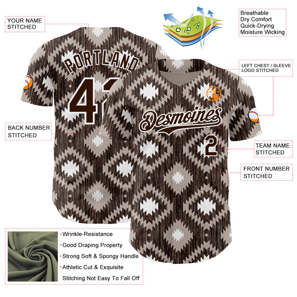 Custom Brown-White Geometric Ethnic Authentic Baseball Jersey view 3