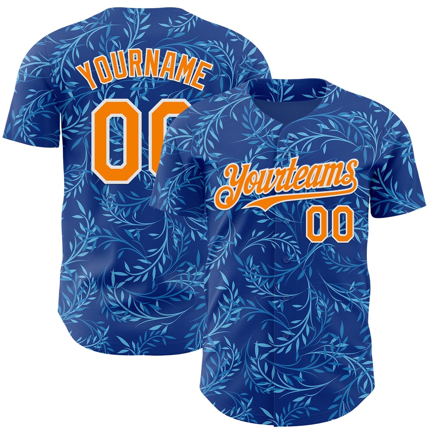 Custom Blue Bay Orange-White Baroque Floral Scroll Authentic Baseball Jersey - Main View