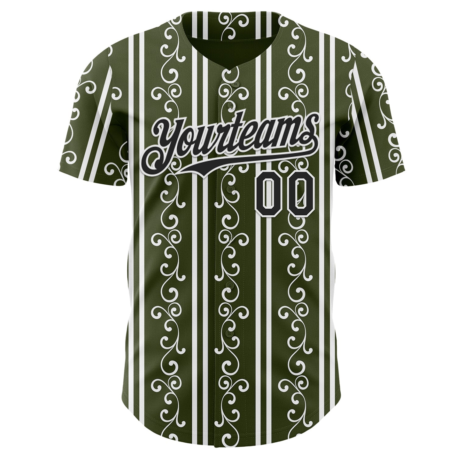 Custom Olive Black-White Baroque Floral Scroll Authentic Baseball Jersey view 2