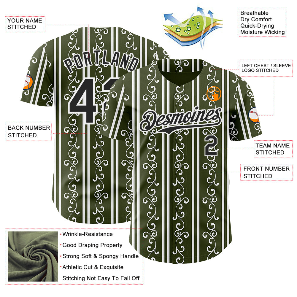 Custom Olive Black-White Baroque Floral Scroll Authentic Baseball Jersey view 3