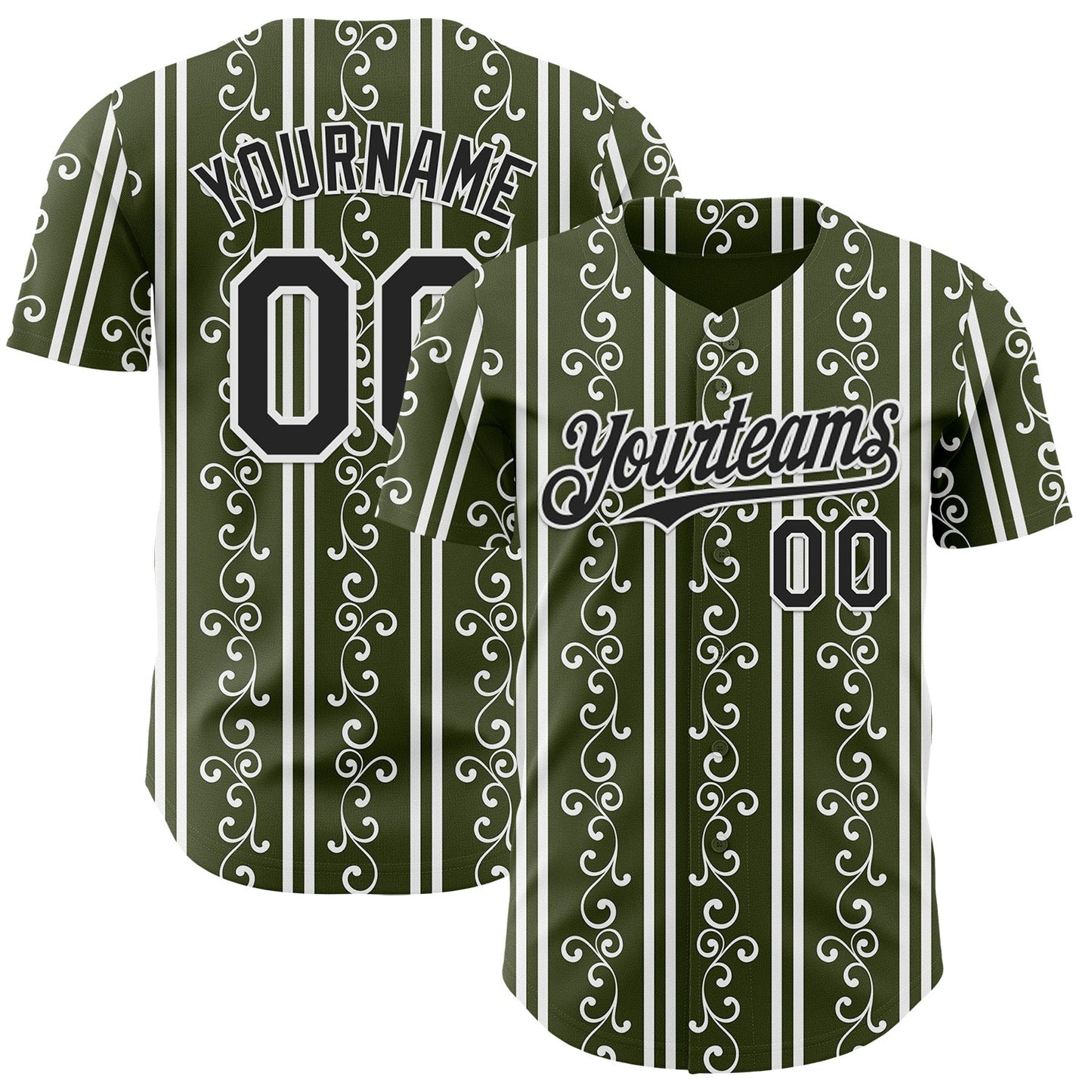 Custom Olive Black-White Baroque Floral Scroll Authentic Baseball Jersey - Main View