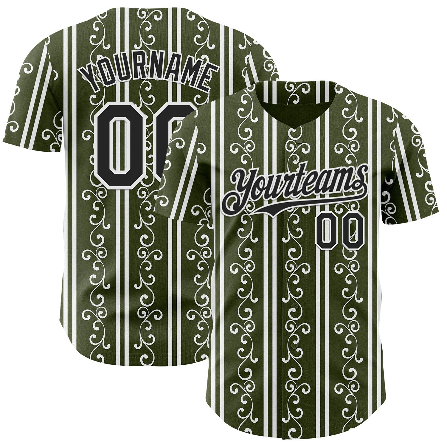 Custom Olive Black-White Baroque Floral Scroll Authentic Baseball Jersey - Main View
