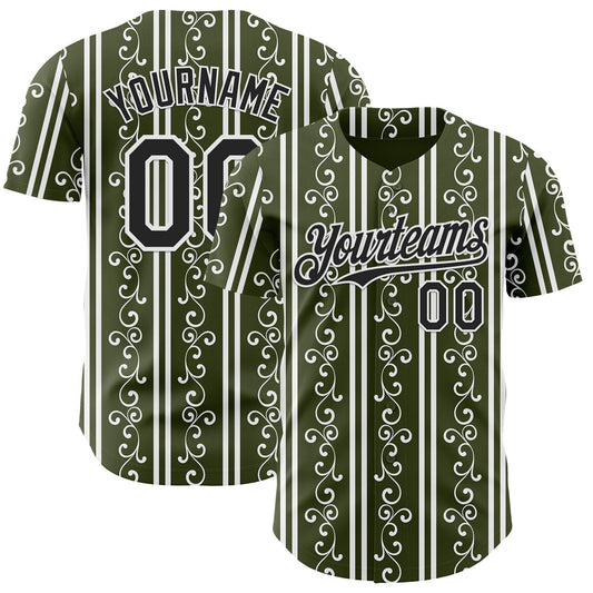 Custom Olive Black-White Baroque Floral Scroll Authentic Baseball Jersey - Main View