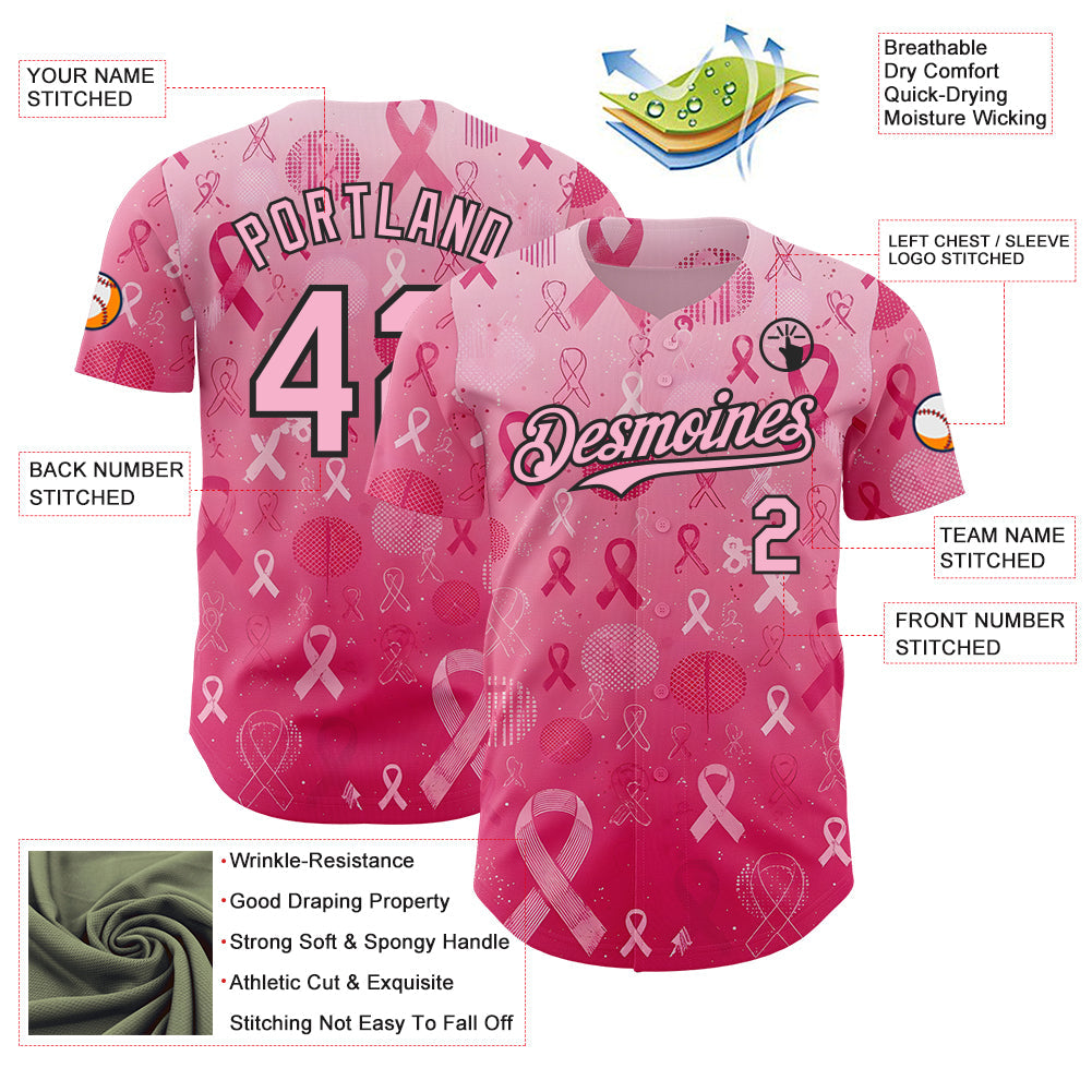 Custom Pink Light Pink-Black Breast Cancer Awareness Pink Ribbon Authentic Baseball Jersey view 3