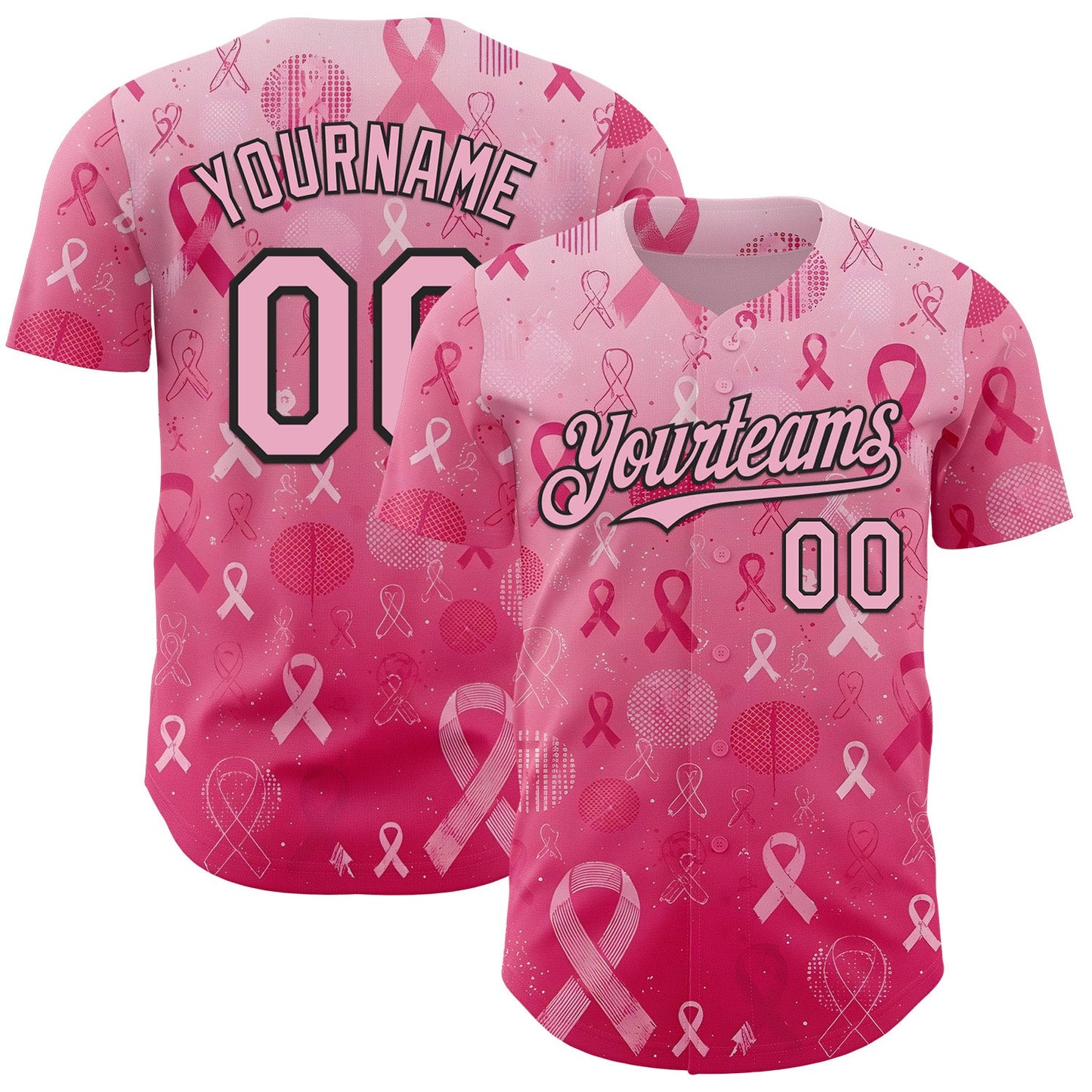 Custom Pink Light Pink-Black Breast Cancer Awareness Pink Ribbon Authentic Baseball Jersey - Main View