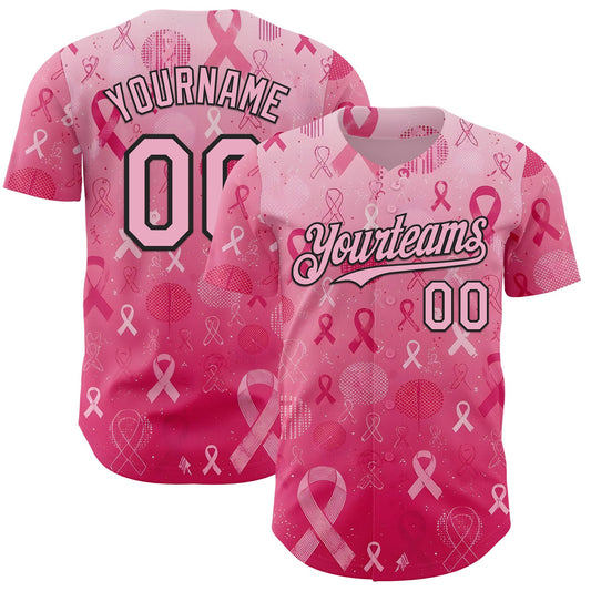 Custom Pink Light Pink-Black Breast Cancer Awareness Pink Ribbon Authentic Baseball Jersey - Main View