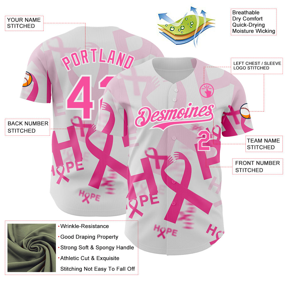 Custom White-Pink Breast Cancer Awareness Pink Ribbon Hope Authentic Baseball Jersey view 3