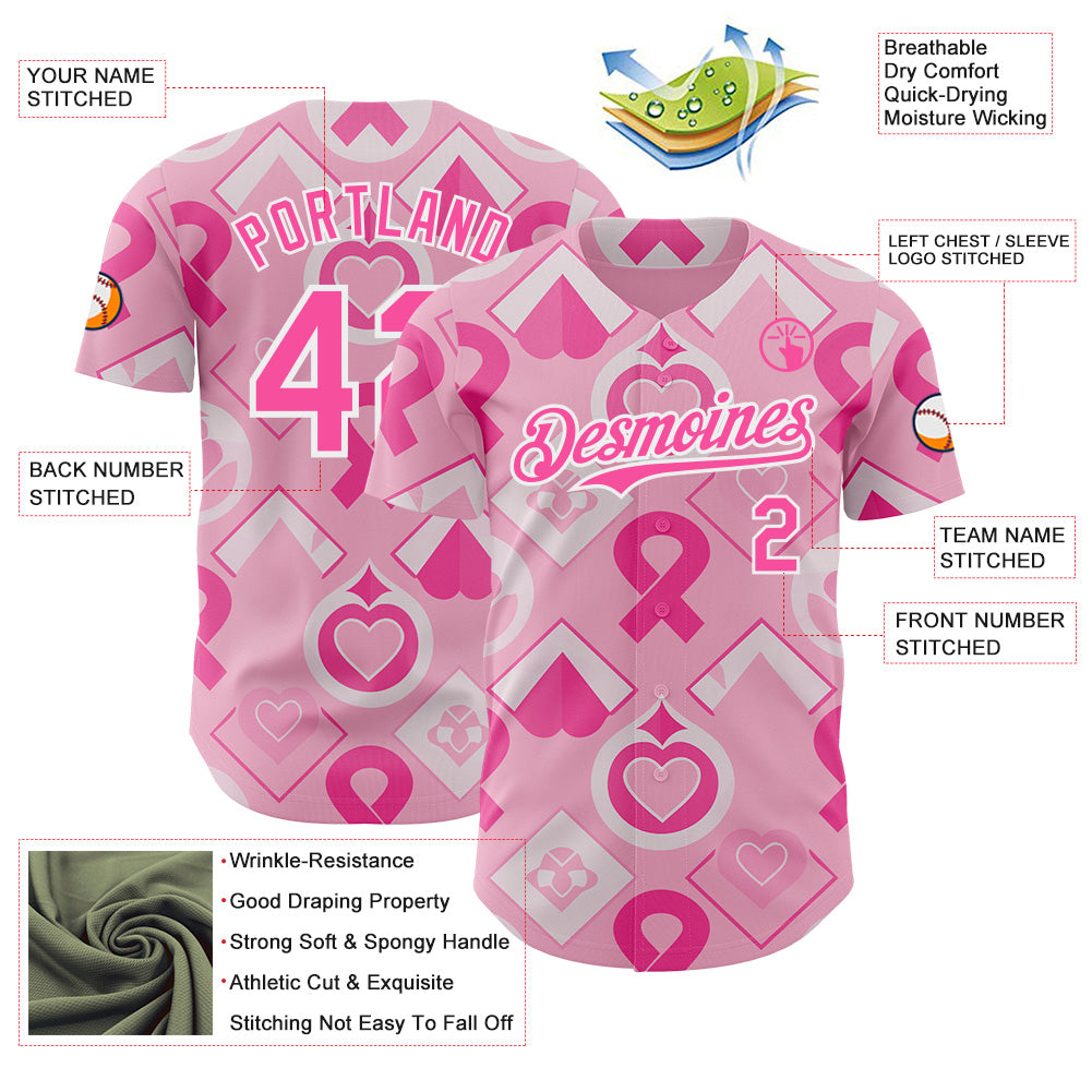 Custom Light Pink Pink-White Breast Cancer Awareness Pink Ribbon Authentic Baseball Jersey view 3