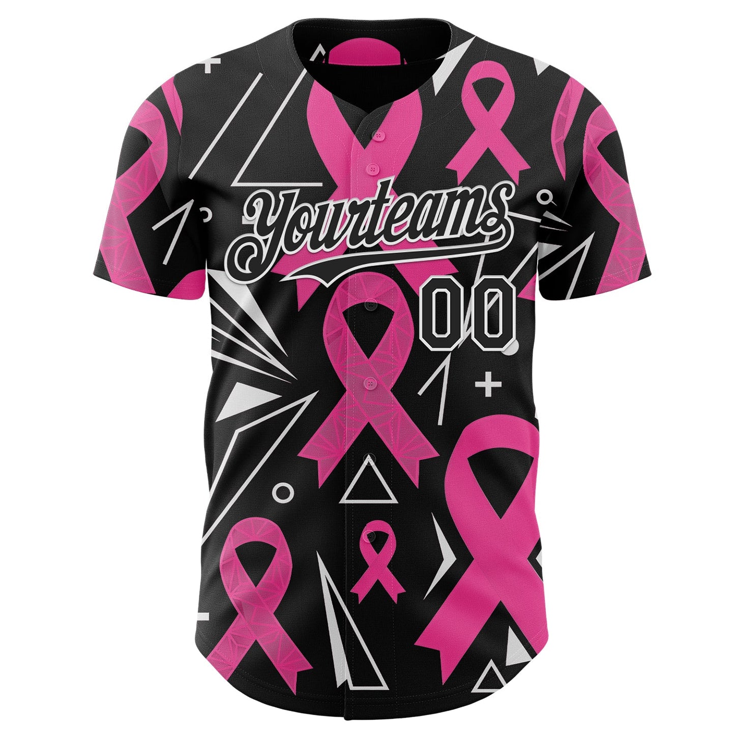 Custom Black Pink-White Breast Cancer Awareness Pink Ribbon Authentic Baseball Jersey view 2